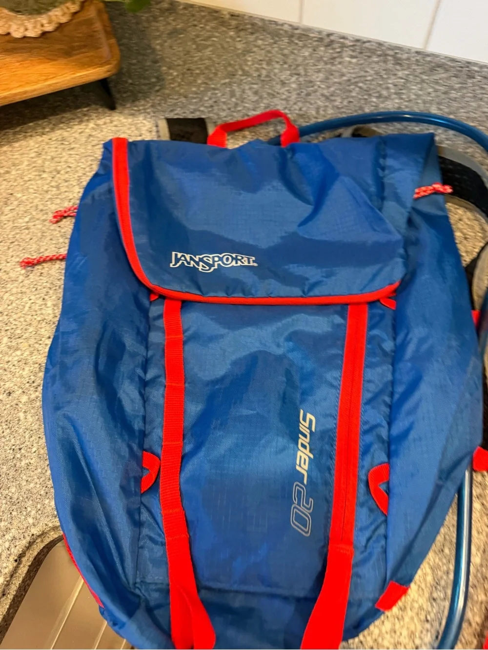 Jansport Blue Backpack with Red Accents and Hydration Bladder